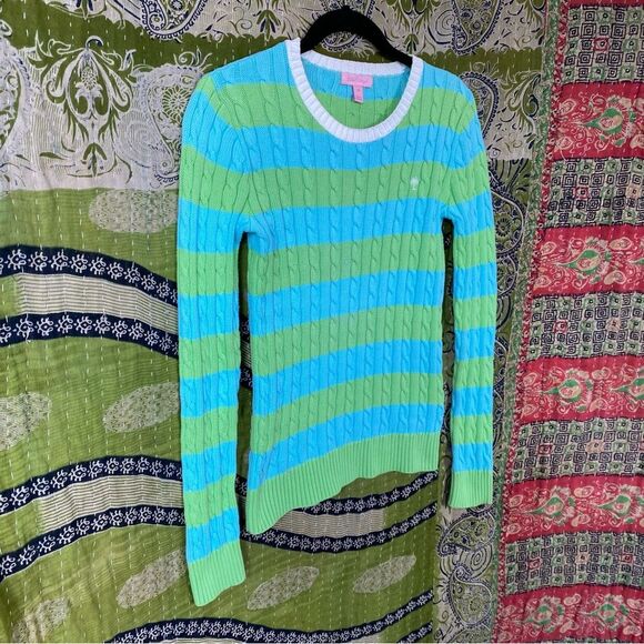 Y2K Lilly Pulitzer Blue/ Green Logo Striped Cable Knit Sweater Size Extra Small - Picture 8 of 16